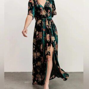 Baltic Born Green and Pink Velvet Floral Long Maxi Dress size Medium